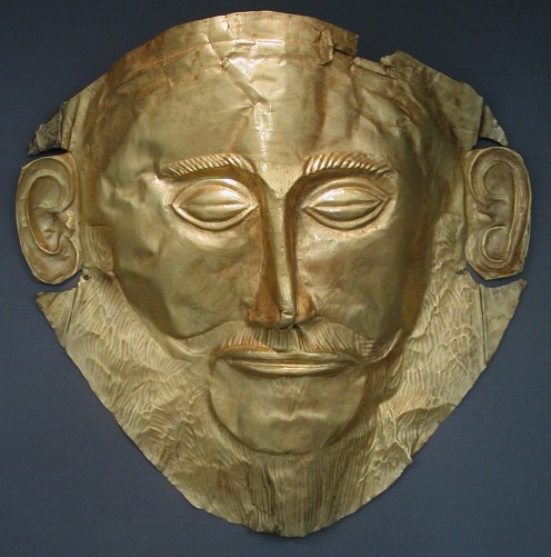  Funeral mask also known as “Agamemnon Mask”. Gold, found in Tomb V in Mycenae by Heinrich Schliemann (1876), XVIth century BC. National Archeological Museum, Athens.