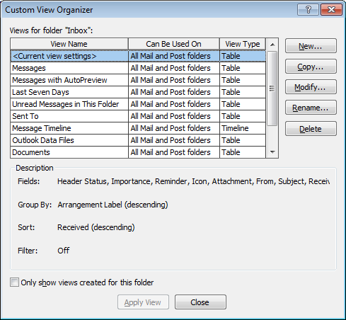 Applying custom views to Outlook folders using current view settings in Outlook 2007.
