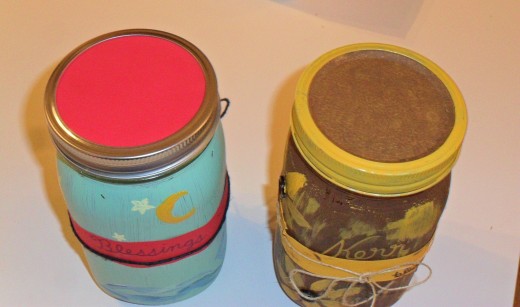 The tops of the jars are painted in coordinating colors.