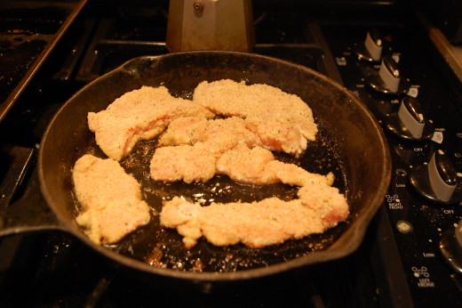 frying the strips in olive oil