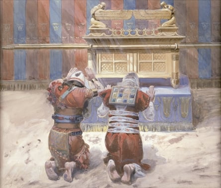 Painting of Moses and Joshua bowing before the Ark of the Covenant in the Tabernacle.  (1900)