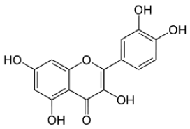 The chemical structure of the polyphenol flavonoid known as quercetin. Plants make other types of flavonoids that are also beneficial to health.
