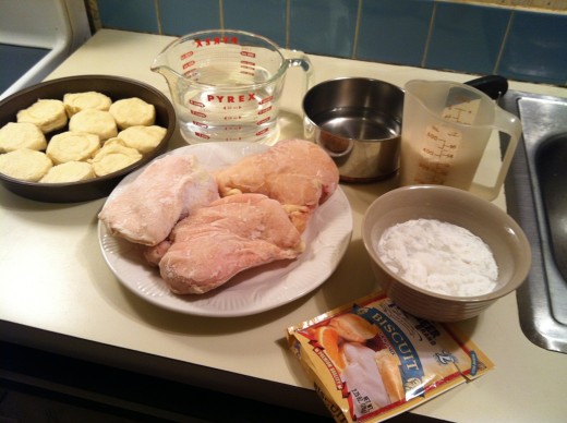 The ingredients for chicken and rice including sides of biscuits and gravy. Credit: Chase Snoke