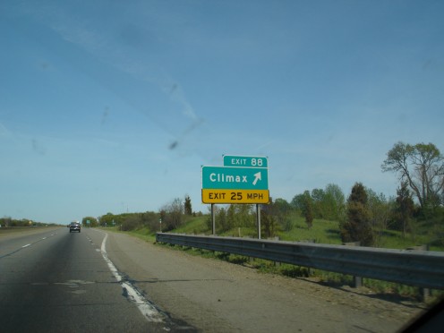 Road sign on the Interstate for Climax, Michigan