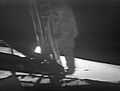 Neil Armstrong about to set foot on the moon. Image was taken from a remote control TV camera mounted on another leg of the Lunar Module