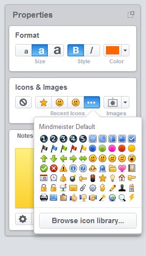 On the right you'll have your tool dock, which allows you to do a lot of things. There are a large number of icons that you can add to your ideas available in Mind Meister, along with images and the ability to search the Internet for more images.