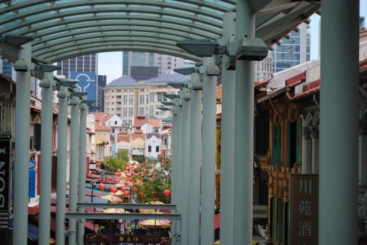 Looking down on Chinatown with modern Singapore behind