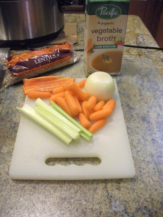 All the main ingredients are shown here; this really is a simple soup, but you can add whatever other veggies you might wish