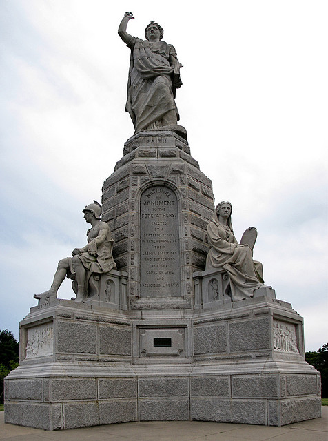 It reads: "Erected by a grateful people in remembrance of  their labor,sacrifices, and sufferings for the cause of civil and religious liberty."