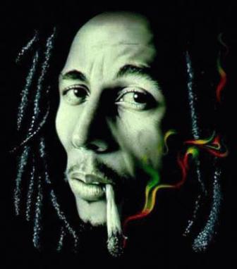 Bob Marley, famously smoking weed in the Jamaican flag colors...