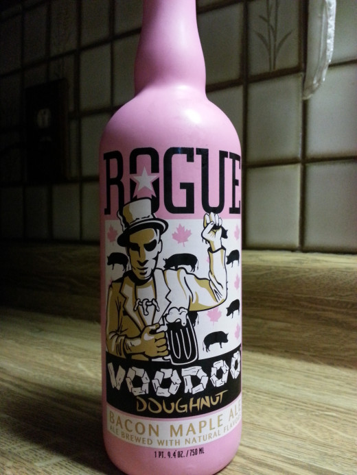 Distinctive pink bottle of Rogue Voodoo Doughnut Bacon Maple Ale