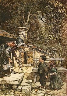Witch greeting Hansel and Gretel