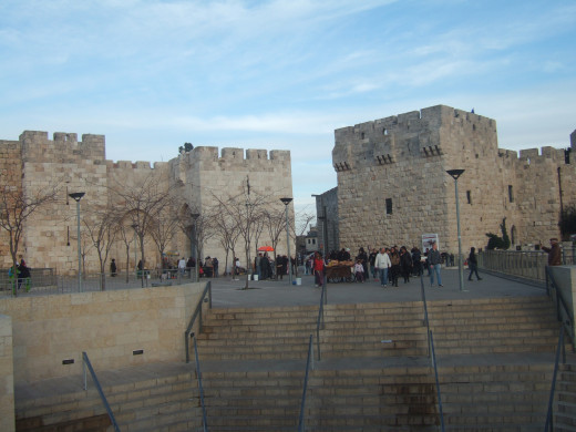 Jaffa Gate is one of the eight gates that enclose the Old City of Jerusalem. The city walls are 450 years old and were constructed by Ottoman Sultan Suleiman the Magnificent during the reign of the Ottoman Turks. 