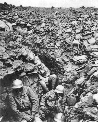 French troops awaiting orders in a trench just outside of Verdun.