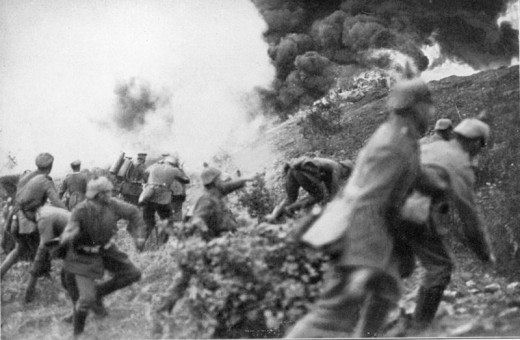 A picture of a German infantry attack, in which both grenades and flamethrowers were used.