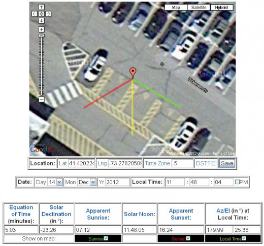 Please note that NOAA's tool uses current google maps for the base image. The solar calculations and line overlays are based upon any chosen day, in this case, the day of the shooting, Dec 14, 2012. Tool was used on Jan 19, 2013.