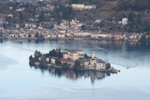 View from Madonna del Sasso (Piedmont) of Lake Orta & Island San Giulio, Italy