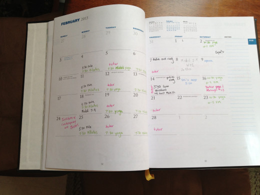 I'm a visual thinker, so I like to see the entire month spread out before me with everything but my regular work schedule on it. I don't need to include my regular work schedule because I know it already, and it would just clutter the calendar up.