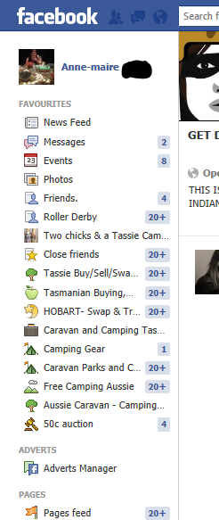 Favourites, pages, groups menu.