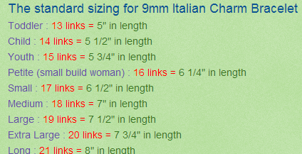 colorful green sizing chart for Italian Charms