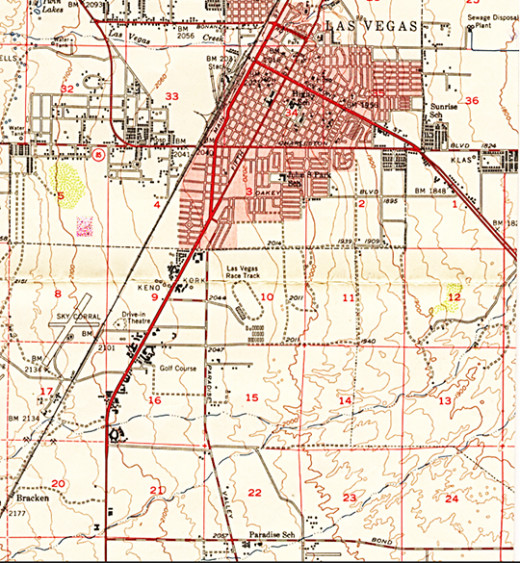 The city in 1952, a few years after The Flamingo was established along The Strip (lower left)