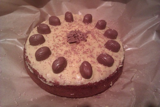 This has been decorated with white chocolate fudge icing and Maltesers