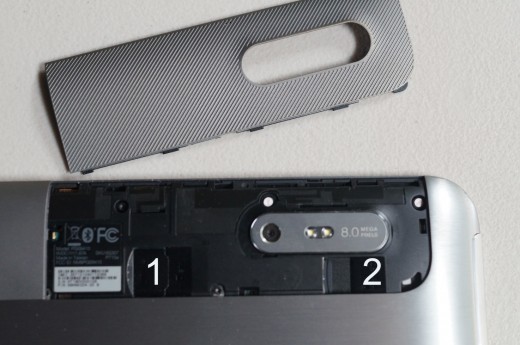The back of the HTC Jetstream showing the mini SIM (1), micro SD slot (2) and back camera with double LED flash.  Because there is internal storage of 32 GB, when you add another 32GB, you have a lot of storage!