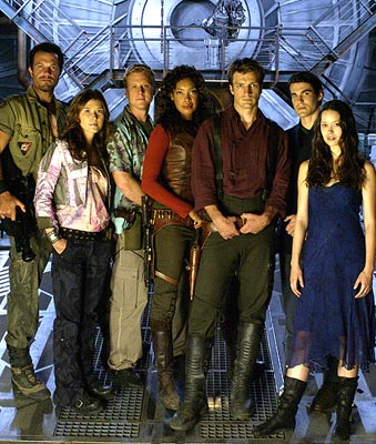 The crew of Serenity (from left to right): Jayne, Kaylee, Wash, Zoe, Mal, Simon and River. 