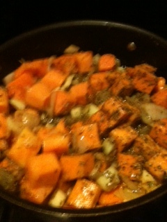 The garlic, onions and squash are browining