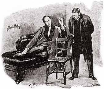 Sherlock Holmes uses the couch for thinking rather than psychiatry in "The Blue Carbuncle", with Dr. Watson. The hat is a clue, just as in a mental health case, many small and large clues can be found in a proper assessment.
