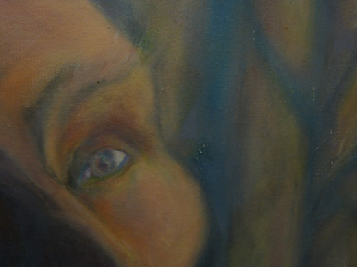 Detail showing light on his face and curtain in the background.