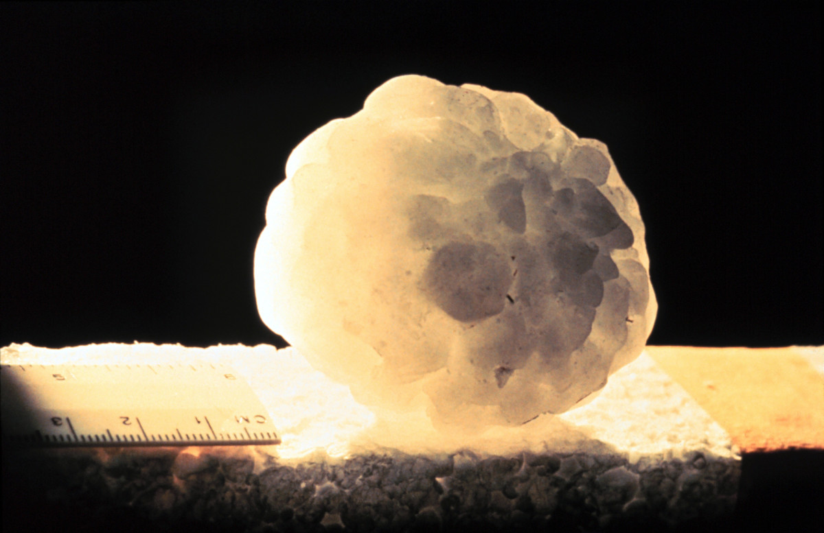 Hailstone - If left to its own, hailstorms don't precipitate until the temperature is freezing cold, creating large hailstones like this that destroy crops.