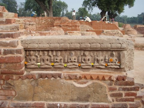 A relief depicting seven  postures of meditation near Dhamekh Stupa.