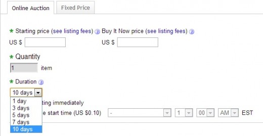 Ebay allows you to choose between  five different item durations. The 10 day option costs an extra 40 cents.