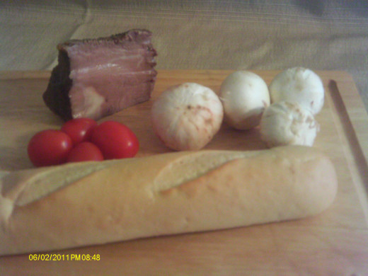 Fresh tomato, mushrooms, bread and left over roast beef.
