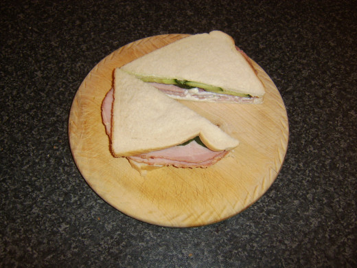 Sandwich is halved diagonally to serve