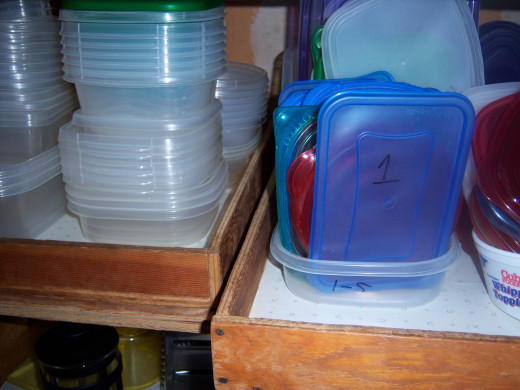 Where we keep our reusable storage containers. Those drawers help with finding what we want without need of digging for it.