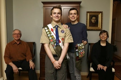 Pascal Tessier, 16, with his older brother and Eagle Scout Lucien Tessier, 20.  February 2013.