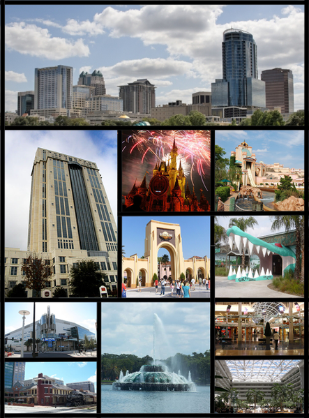 Some of the sights of Orlando, including Downtown Orlando, Orange County Courthouse, Universal Studios Florida, Walt Disney World, Gatorland, SeaWorld Orlando, Amway Center, Lake Eola fountain, The Mall at Millenia, Church Street Street.