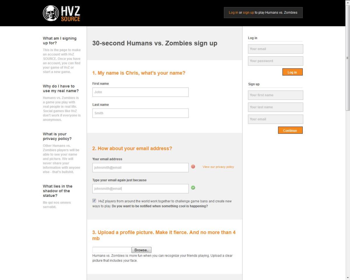 Signing up for HvZ Source is quick and simple, as well as useful.