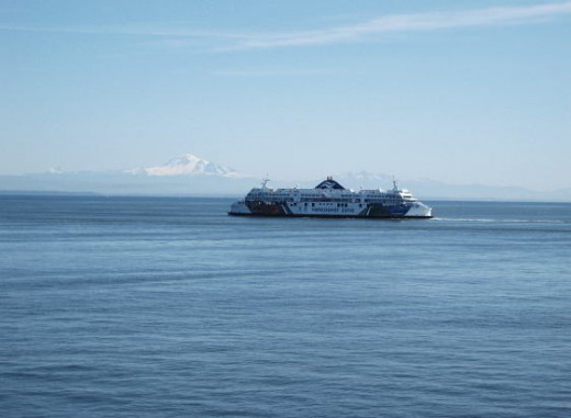 Passing by another ferry in the open waters