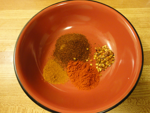 The reds: paprika, cayene, chili powder and red pepper flakes. Spicy spices!