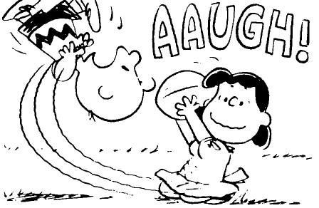 Who or what does Charlie Brown blame for missing the football once again? Does he blame Lucy for moving the ball? Luck for his missing, or himself for failing to recognize Lucy's deception once again?