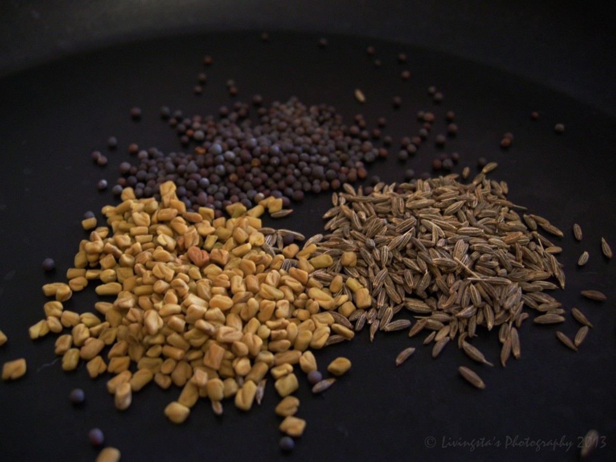 Ingredients clockwise from bottom left Fenugreek seeds, Mustard seeds, Cumin seeds
