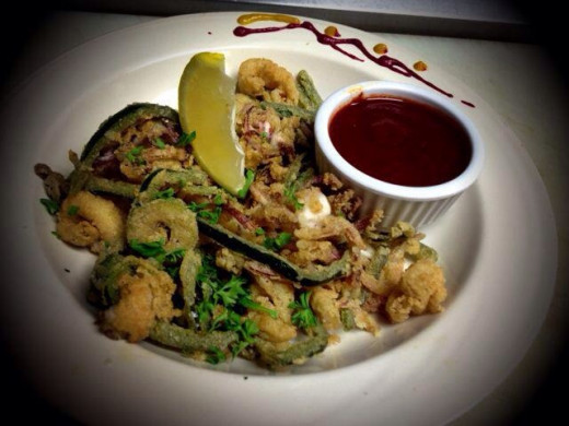 Fried Calamari with poblano peppers and green olives are one of my favorite appetizers on Chef Mo's menu.
