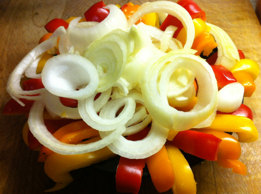 Peppers and onion sliced and ready for stir fry