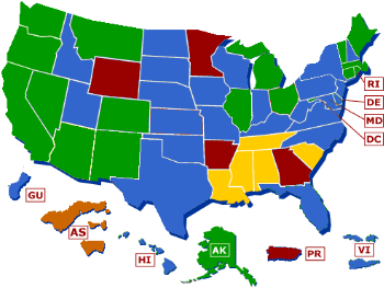 GREEN - States with Min Wage Higher; BLUE - States with Min Wage the Same; YELLOW - States with No Min Wage; Remainder have a Lower Min Wage