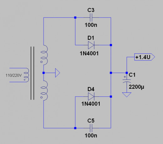 The bi-phase half-wave rectifier circuit.  If the two transformer secondary windings were rated at 12V each the output voltage would be 1.4*12=16.8V