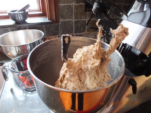 Once the liquid is in you will have to switch to the bread hook or knead the dough by hand for 10 minutes. 
