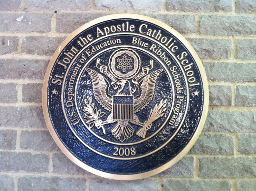 Blue Ribbon School Plaque Posted at entrance to St. John the Apostle Catholic School